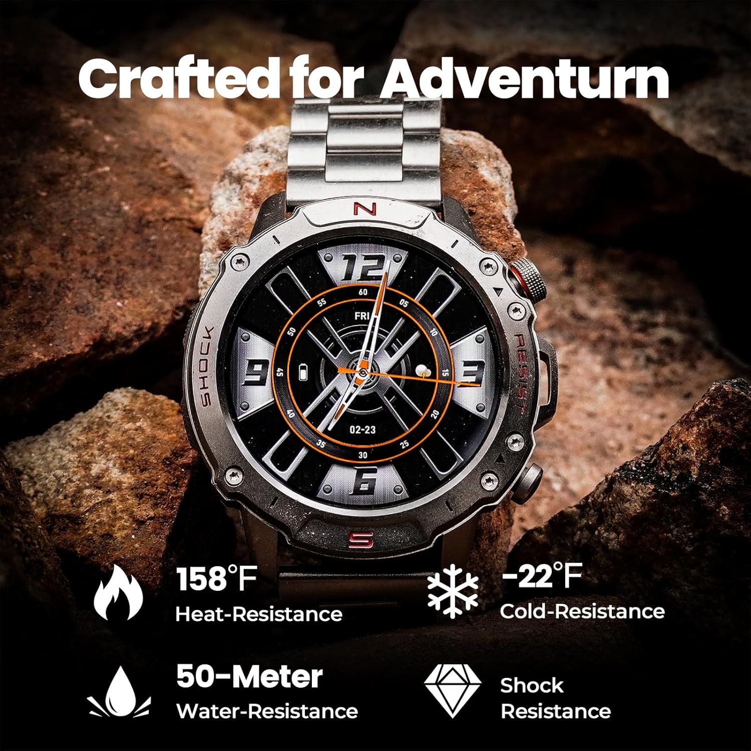 WalkerFit Silver Smart Watch for Men, Stainless Steel Band, 1.43" AMOLED Round Smartwatch, 5ATM Waterproof for Swim Run Hike Cycle, 170+ Sports Modes, Heart Rate SpO2, Sport Watch for iPhone Android - Image 2
