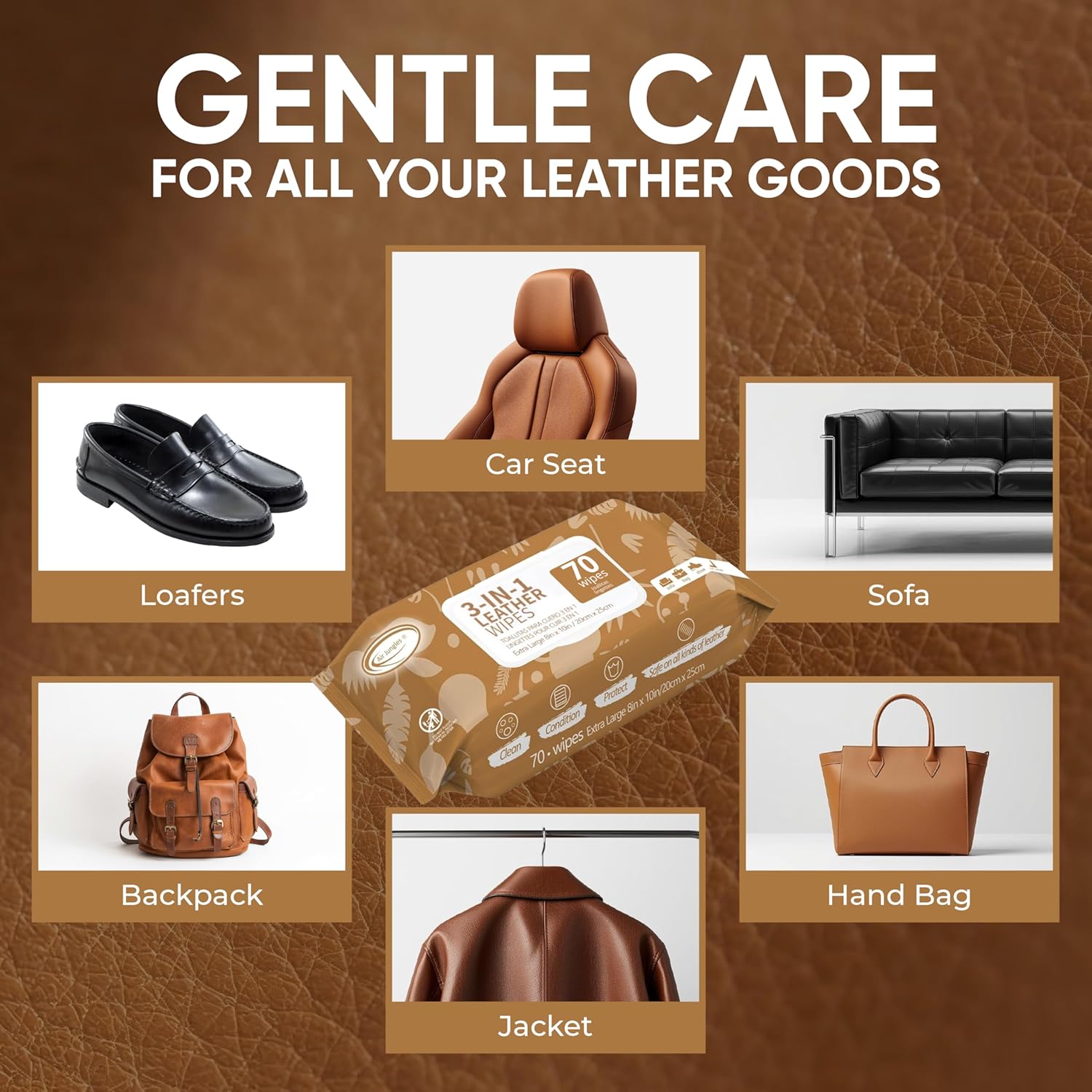 Air Jungles 3in1 Leather Cleaner Wipes 70 Count, Extra Large 8" x 10" Size, Clean Condition Protect Wipes for Vinyl and Leather Apparel Furniture Auto Car Interior Shoes Boots Bags - Image 5