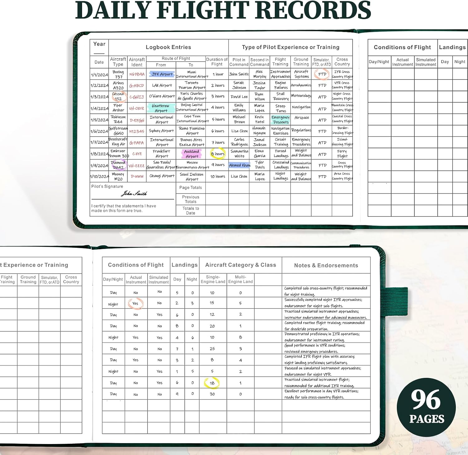 FAA-Compliant Pilot Logbook | Professional Flight Log Book for Student, Private & Commercial Pilots | 112 Pages, 48 Flights, 5.6" x 8.5" | Durable Aviation Logbook, Green - Image 4