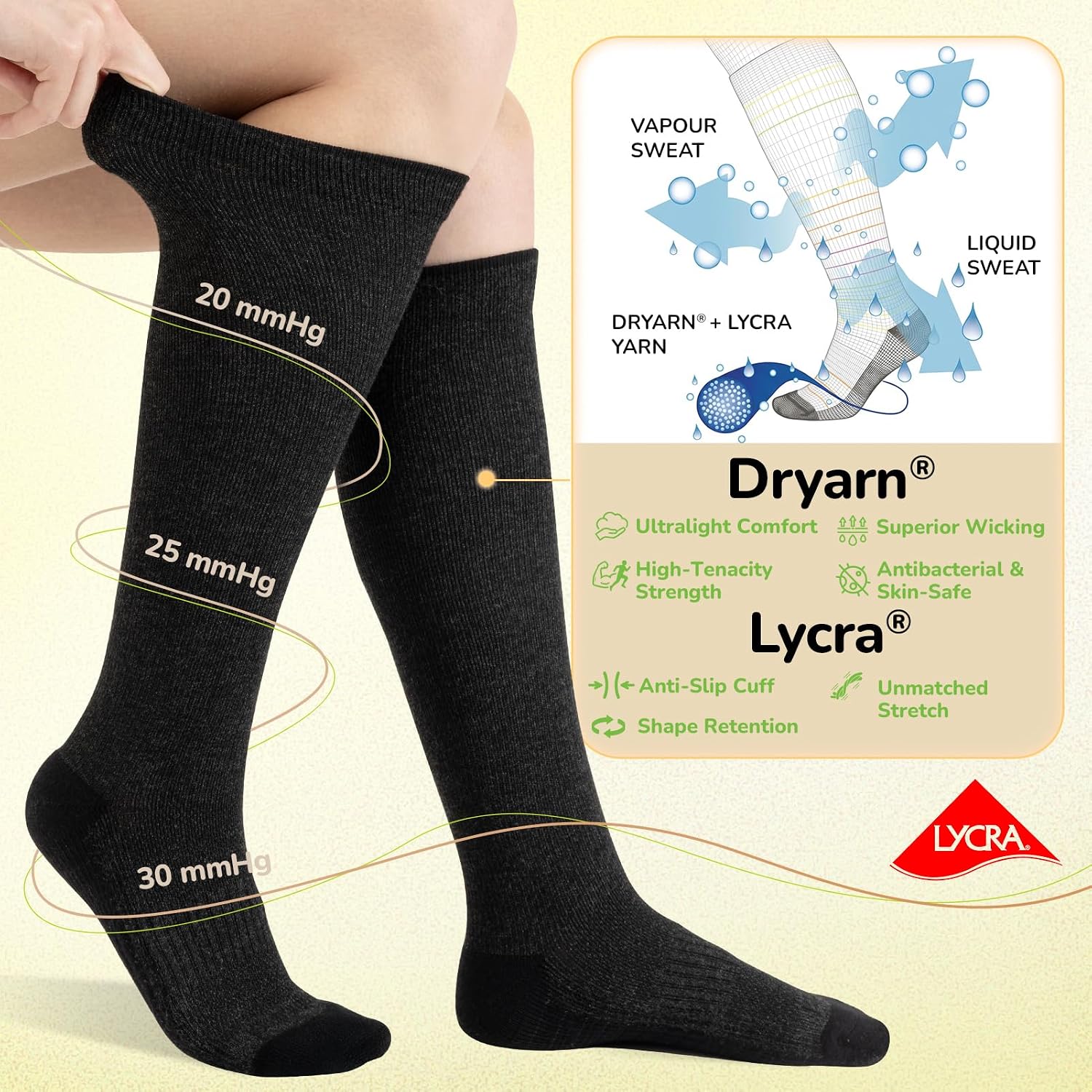 Merino Wool Compression Socks for Women & Men, 20-30 mmHg Knee High Dryarn Socks for Flying, Travel - Image 5