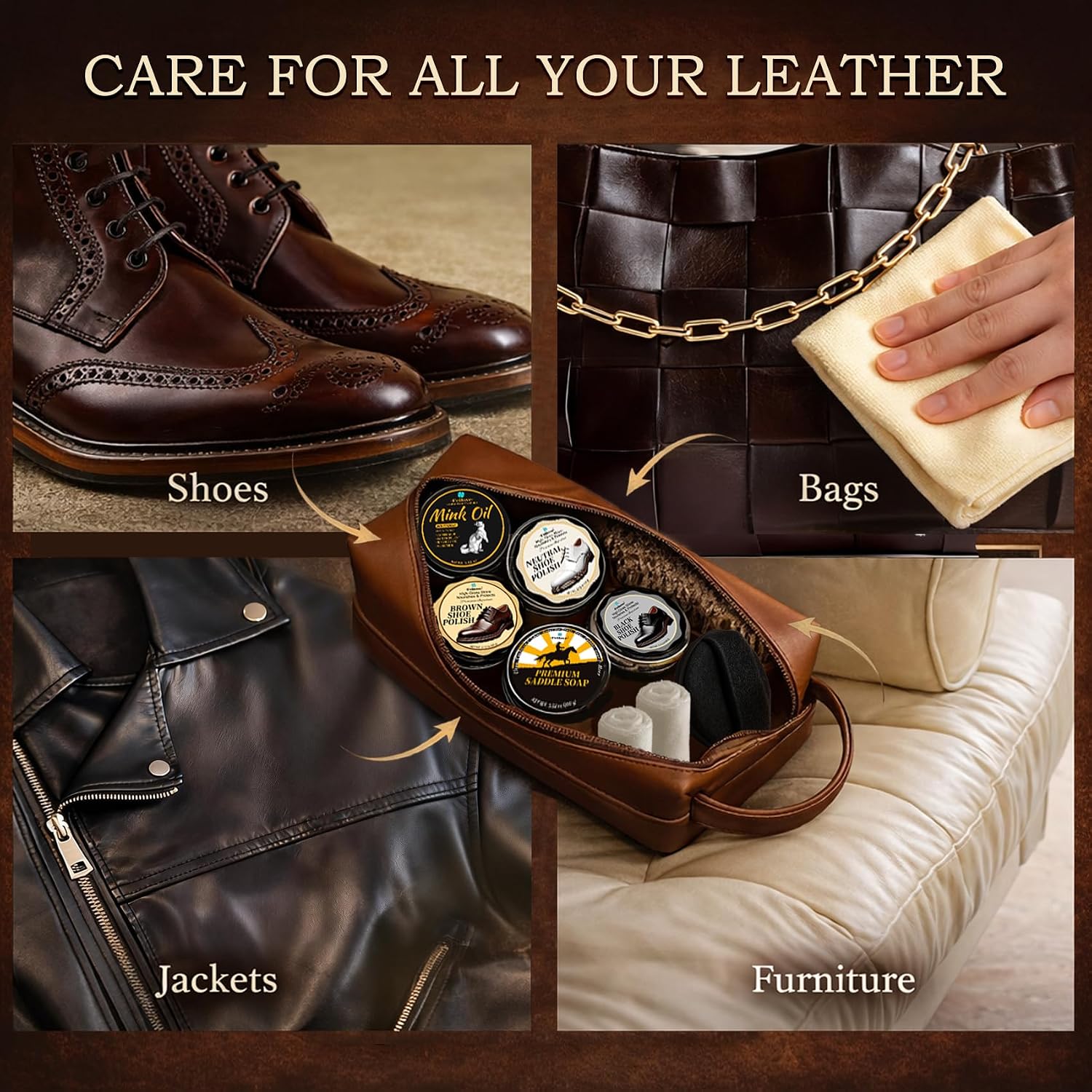 Shoe Care Kit – 16-in-1 Leather Shoe Polish, Cleaning & Conditioning Kit with Saddle Soap & Mink Oil – Black/Brown/Neutral Shoe Polish, 3 Horsehair Brushes – Premium Storage Bag – Gift for Men & Women - Image 3