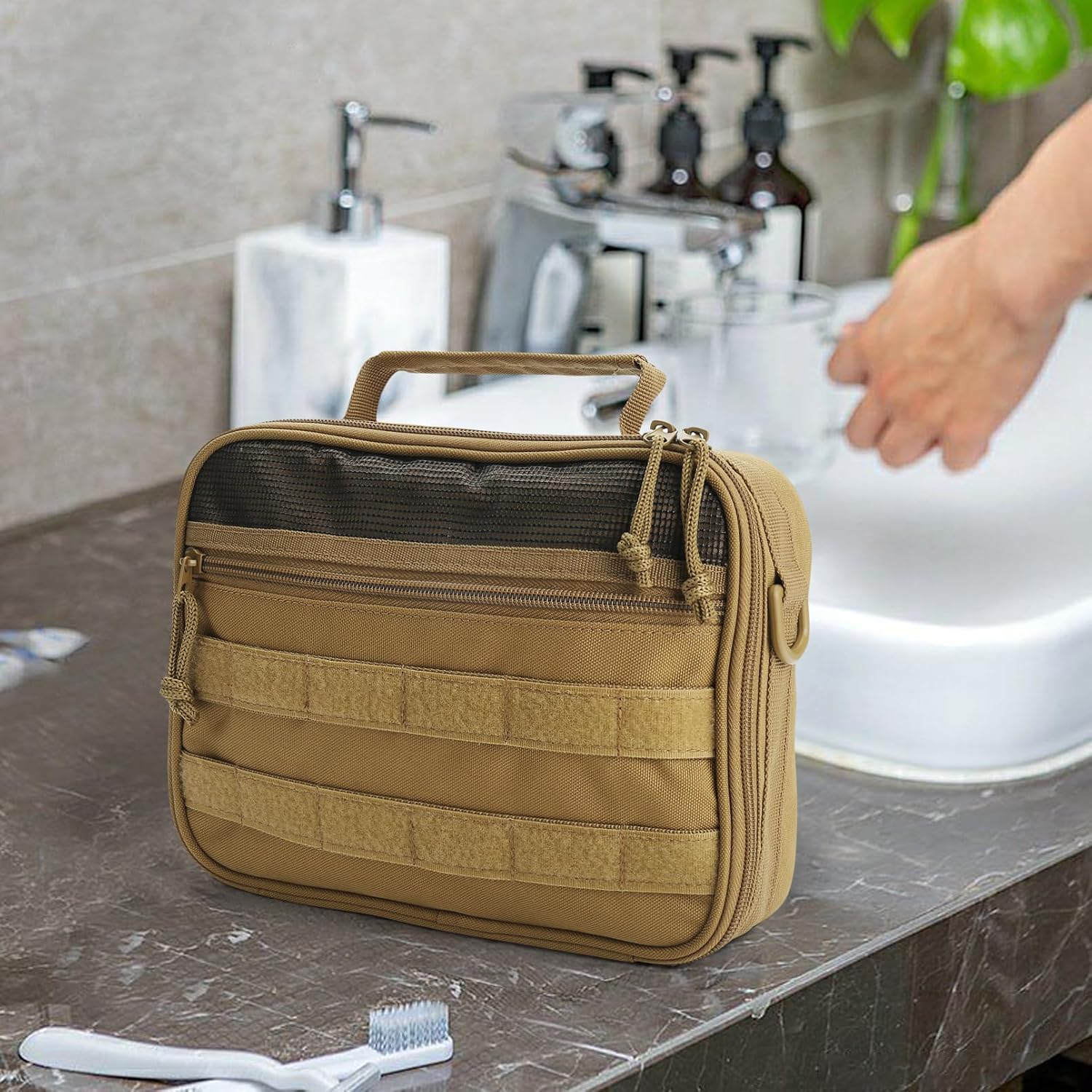 SUNRISING Tactical Travel Toiletry Bag for Men and Women, Hanging Travel Toiletry Organizer Dopp Kit, Toiletries Shaving Hygiene Bathroom Bag,Men's Toiletry Bag for Short Trips Camping - Khaki - Image 7