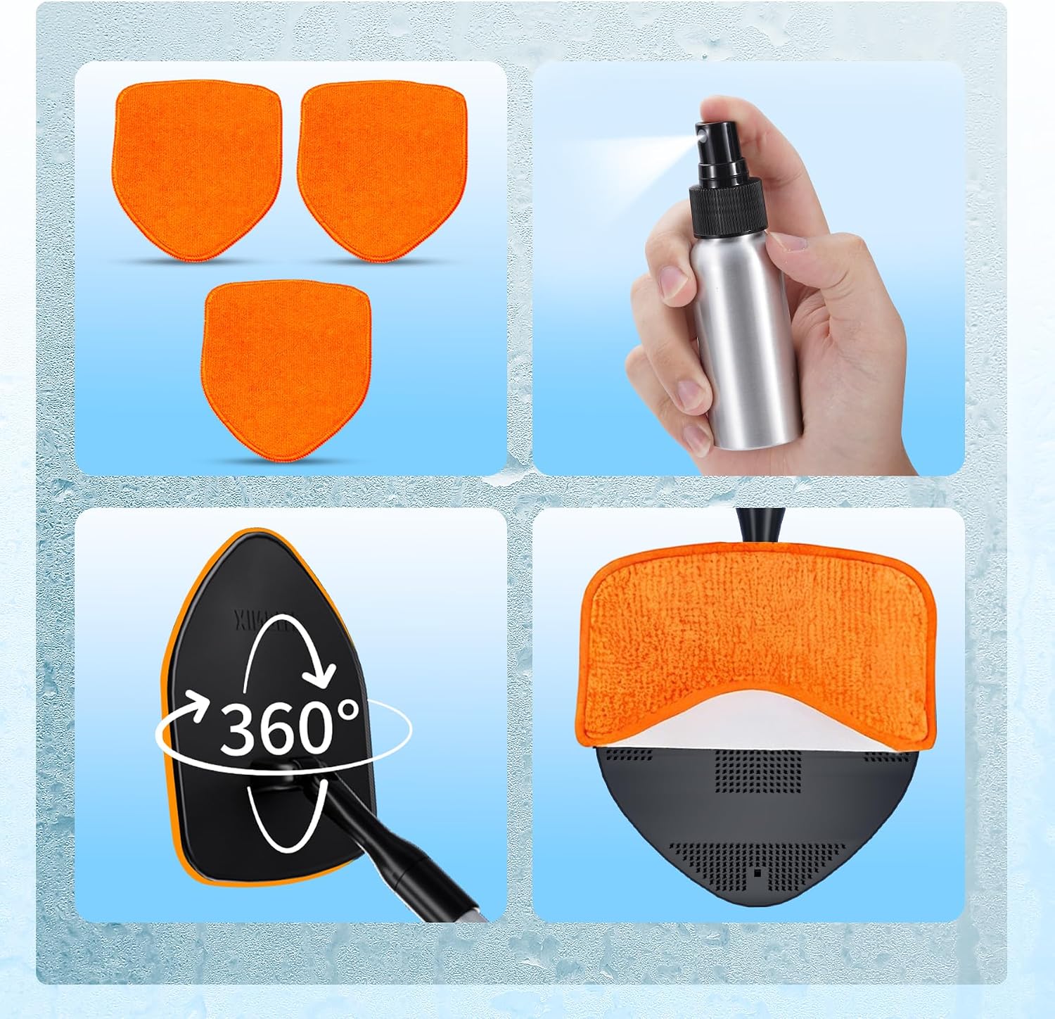 XINDELL Windshield Cleaner Tool, Car Window Cleaning Kit with 4 Reusable Microfiber Pads, Extendable Handle & 360° Rotating Head, Safety Hammer, Streak-Free Auto Glass Wiper for Car Truck SUV RV - Image 5