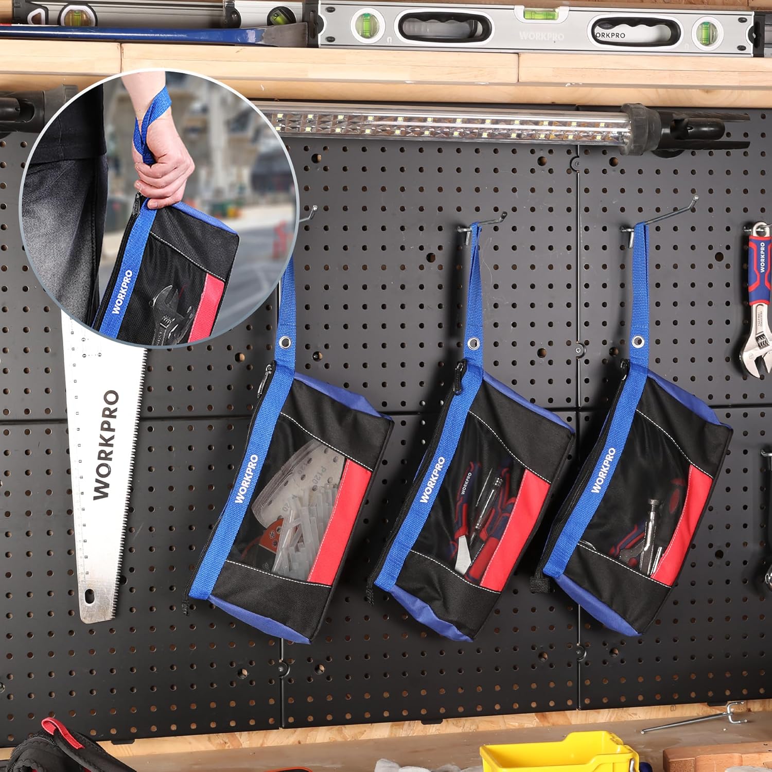 WORKPRO 12" Tool Pouches with Zipper, Heavy-Duty Small Tool Bag, Utility small tool pouch for Tool Organizers and Storage, Mini Tool Bag, 3 Pack - Image 5