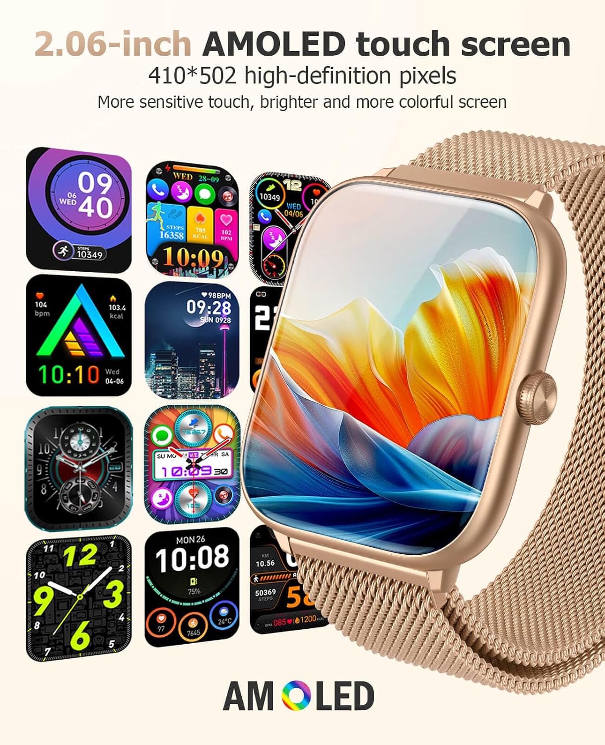 Smart Watch for Women with Blood Pressure Monitor, 2.06" AMOLED Display, IP68 Waterproof Fitness Tracker, 118 Sports Modes, Heart Rate/SpO2/Sleep Monitor, Gift for Her, Compatible with Android iPhone - Image 3