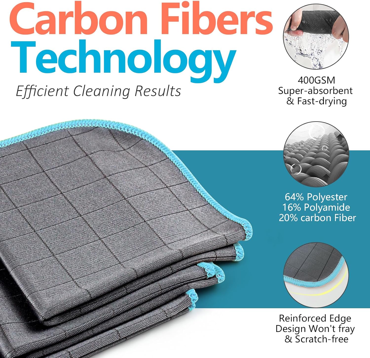Airlab Carbon Microfiber Towels for Car Glass Window Polishing Cleaning Cloth Auto Detailing Lint Free Streak Free Drying Car Wash Large Towel, Pack of 3, 12" x 12", Grey-Blue - Image 2