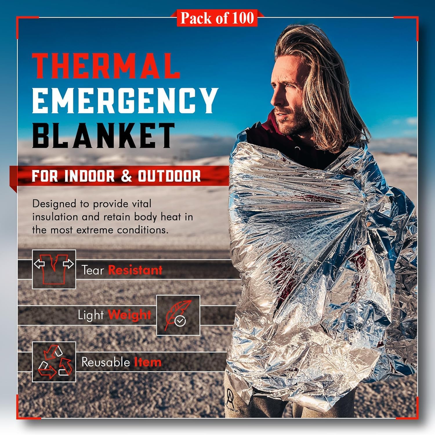 Mart Cobra Emergency Blanket 100-Pack | Reflective Thermal Blanket | Survival Gear | Lightweight Mylar Blankets | Retains 90% Body Heat | Essential for Camping, First Aid, Homeless Care Package Bulk - Image 2