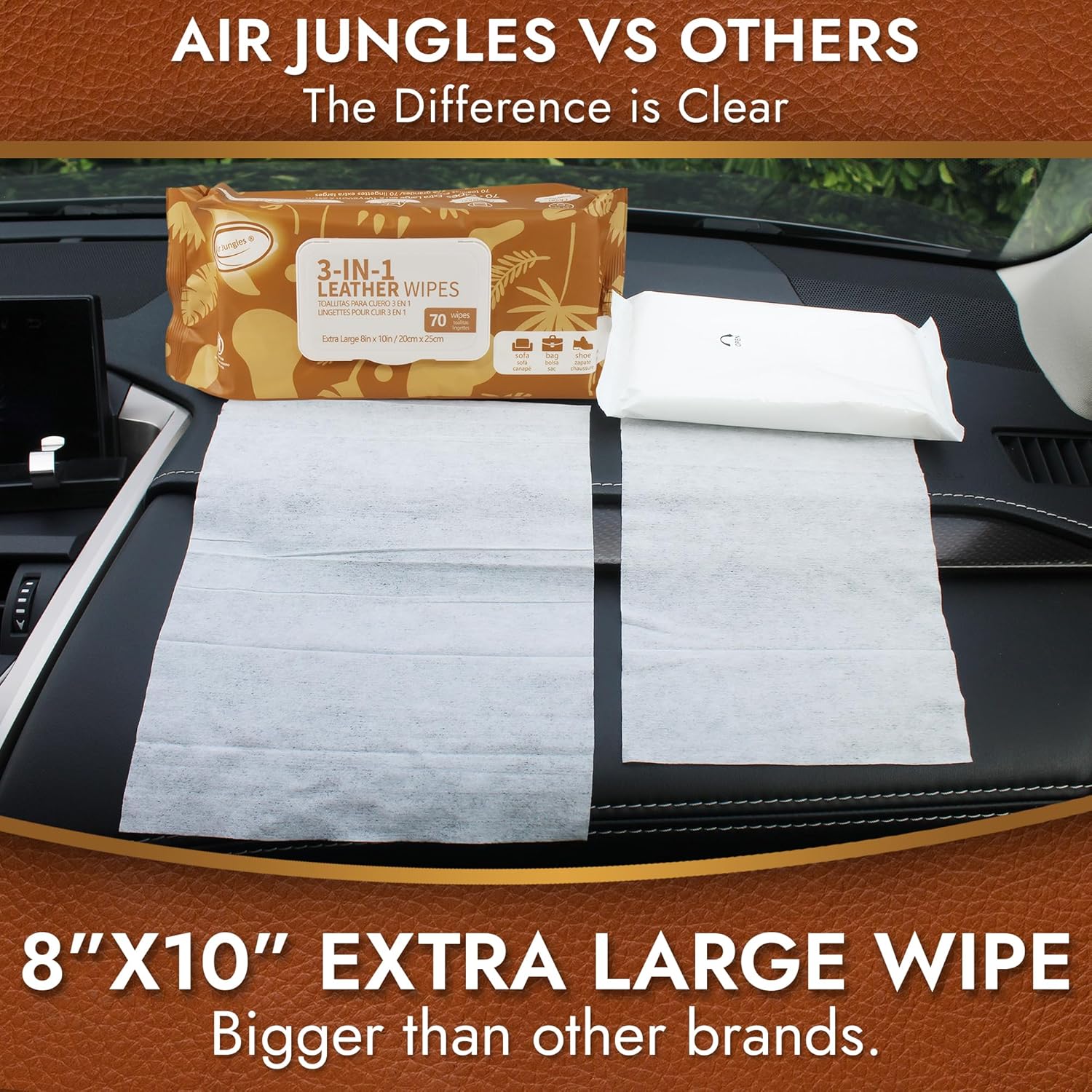 Air Jungles 3in1 Leather Cleaner Wipes 70 Count, Extra Large 8" x 10" Size, Clean Condition Protect Wipes for Vinyl and Leather Apparel Furniture Auto Car Interior Shoes Boots Bags - Image 2