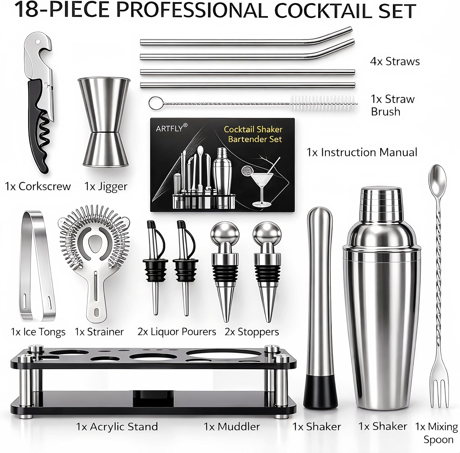 Cocktail Shaker Set, 18-Piece Bartender Kit with Acrylic Stand, 18/8 Stainless Steel Bar Set with Martini Shaker, Jigger, Muddler & Recipe Book for Home Bar - Image 2