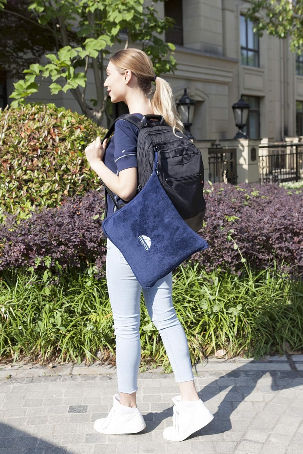 BlueHills Premium Soft Long Travel Blanket Pillow for Tall Airplane Flight Blanket Throw Luggage Belt & Backpack Clip Compact Packable Car Large 2 in 1 Combo Warm Gifts Navy Blue T051 - Image 8