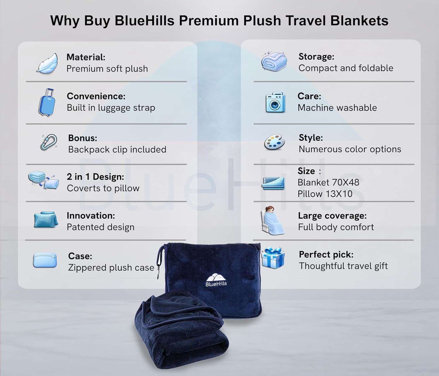 BlueHills Premium Soft Long Travel Blanket Pillow for Tall Airplane Flight Blanket Throw Luggage Belt & Backpack Clip Compact Packable Car Large 2 in 1 Combo Warm Gifts Navy Blue T051 - Image 2