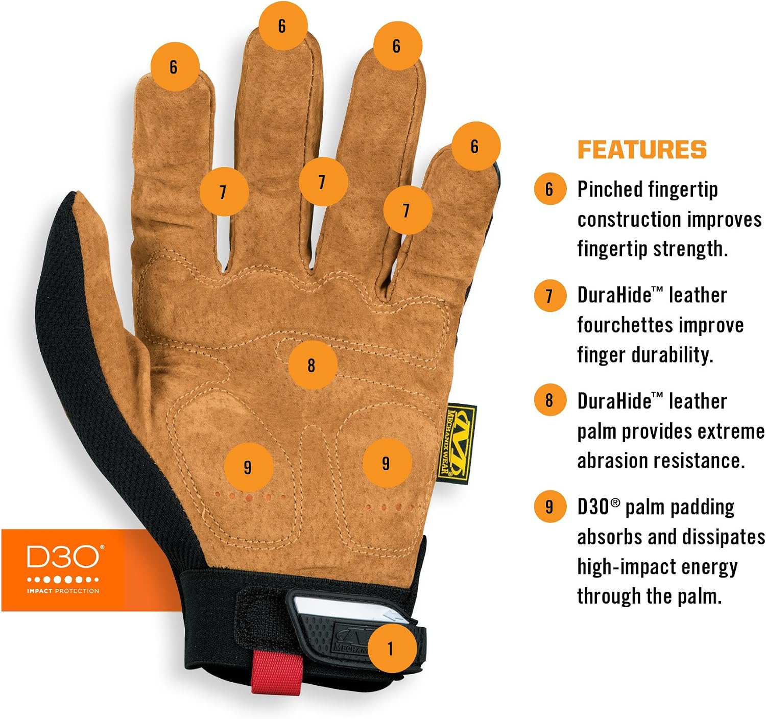 Mechanix Wear M-Pact Leather Gloves - Leather Impact-Resistant Work Gloves for Hand Support - Breathable Design - Shock Absorbing - Machine Washable - Brown/Black - X-Large - Image 9