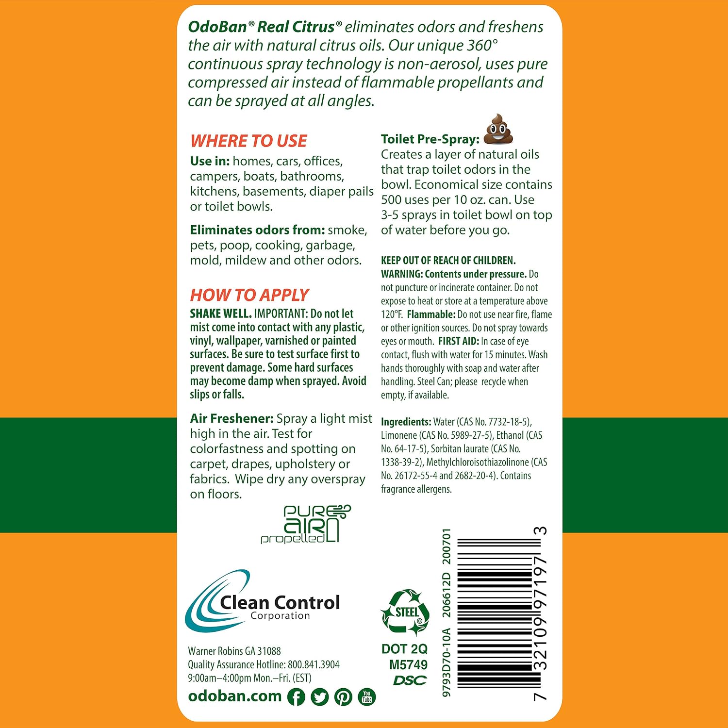 OdoBan Aroma Eliminator, 360-Degree Continuous Spray Natural Oil Real Citrus Air Freshener, Toilet Spray, 2-Pack, 10 Ounces Each, Orange Scent - Image 5