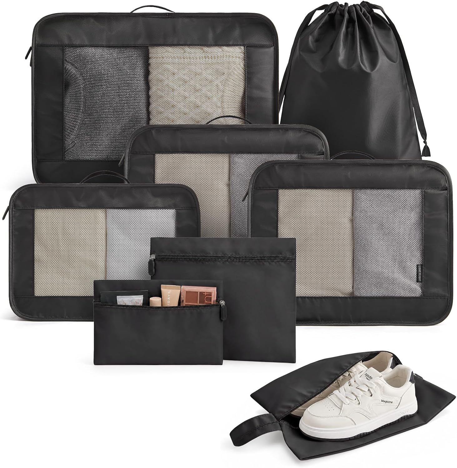 LIGHT FLIGHT 8 Set Packing Cubes for Travel, Durable Travel Essentials for Cruish Ship, Suitcase Organizer Packing Bags (8-Pack 1L+2M+1S+1Shoe bag+2Toiletry Bags+1Laundry Bag)