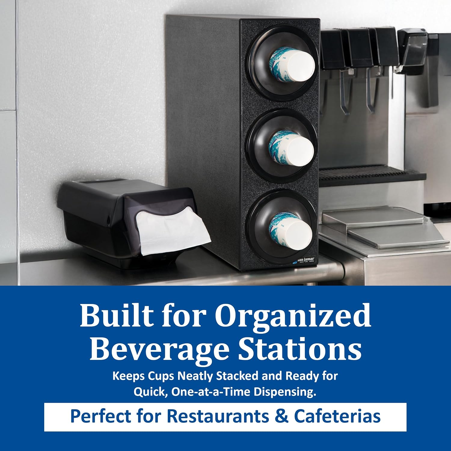 San Jamar EZ-Fit Cup Dispenser Cabinet, One Size Fits All Storage for Drink Cups in Commercial Kitchen, 3 Cup Slots, 1 Count, Black - Image 3