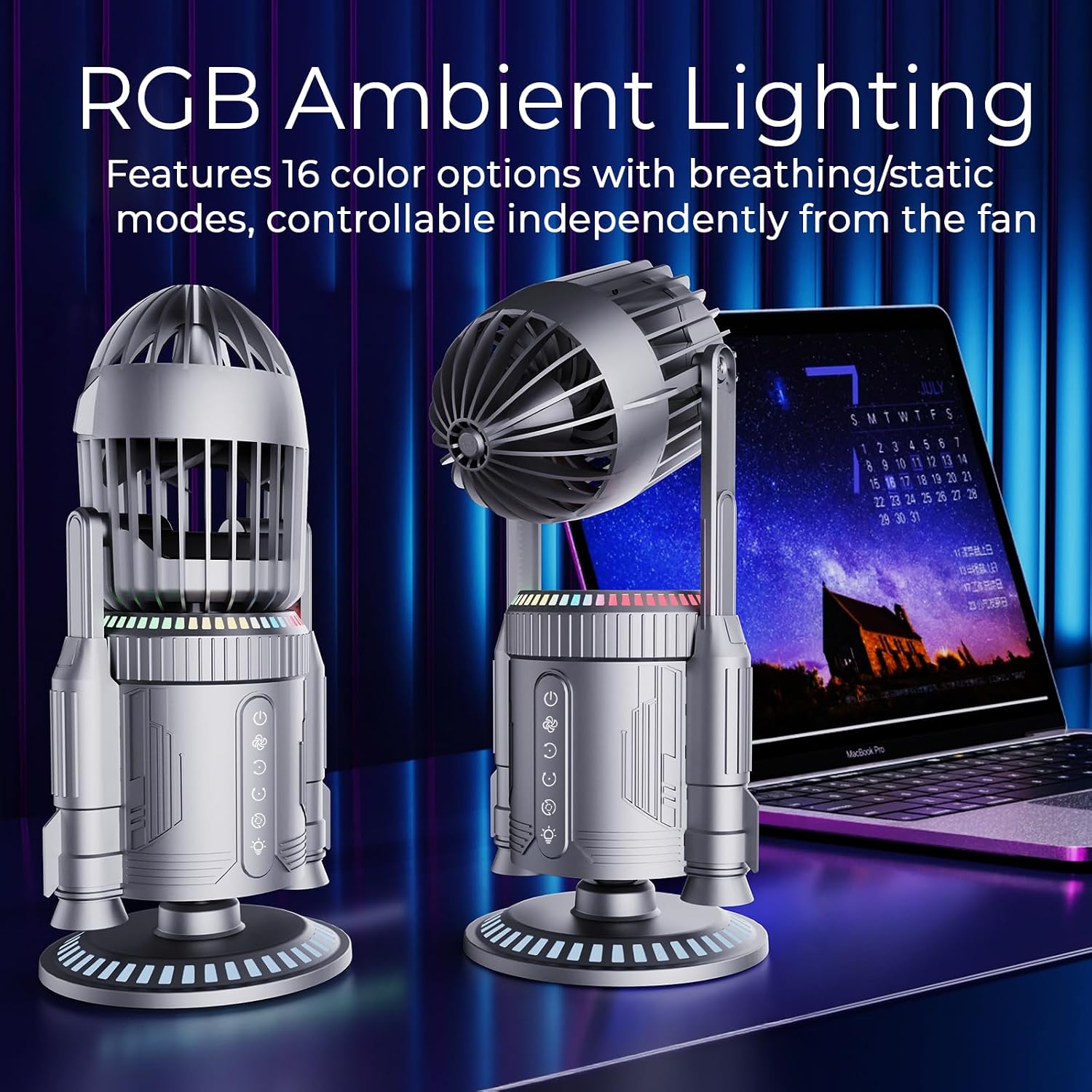 Rocket Desk Fan with Mist Humidifier, 5000mAh Portable Cordless Table Fan, RGB Gaming Room Decor, 180° Auto-Oscillating & Tilt, Quiet Personal Cooling for Office, Bedroom & Gifting (Silver) - Image 6