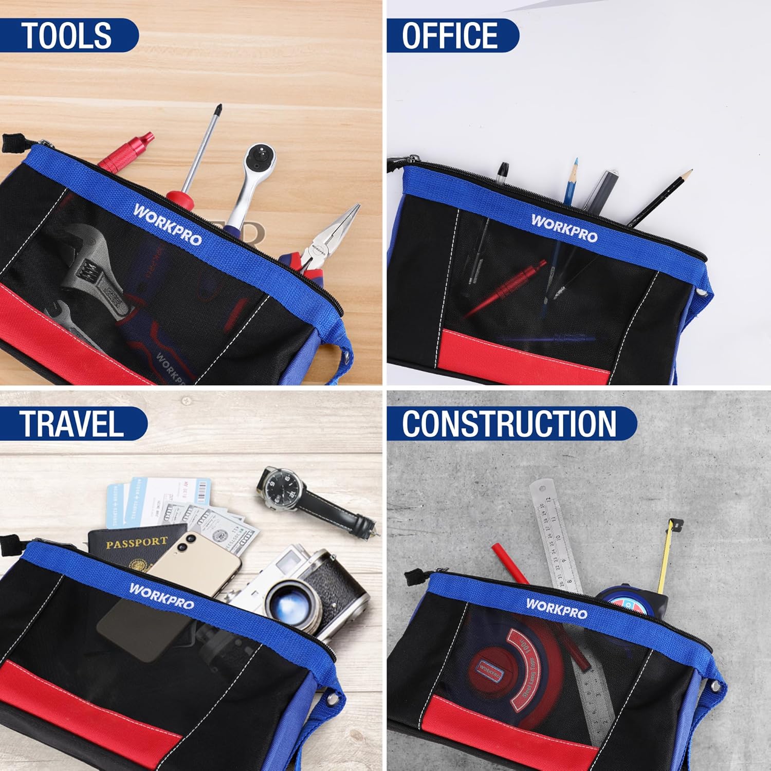 WORKPRO 12" Tool Pouches with Zipper, Heavy-Duty Small Tool Bag, Utility small tool pouch for Tool Organizers and Storage, Mini Tool Bag, 3 Pack - Image 7