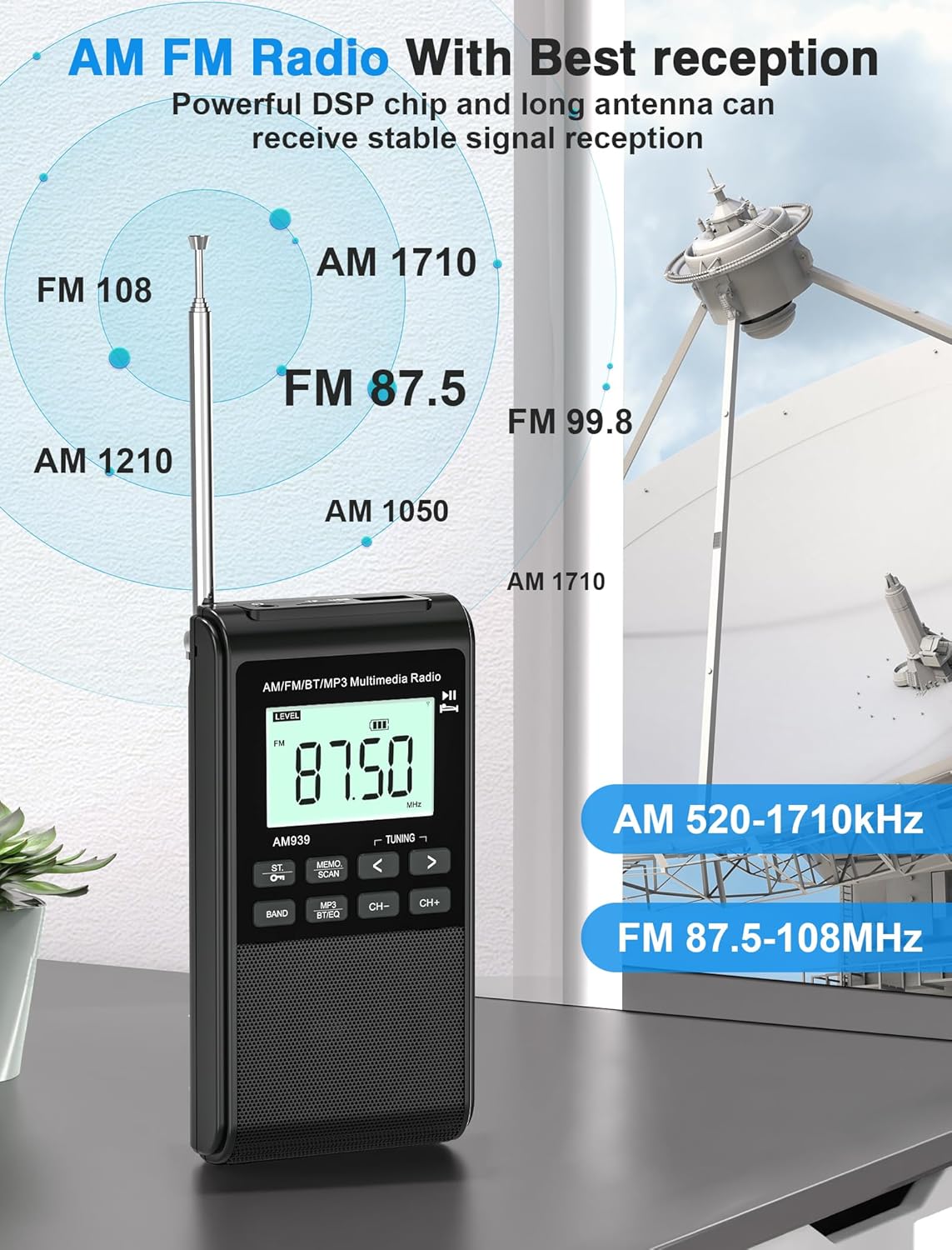 Portable AM FM Radio with Bluetooth Earphone Output & Bluetooth Speaker Mode,1200mAh Rechargeable Radio with Best Reception,5W Big Speaker,LCD Screen,Earphone Jack,Support SD Card and USB for Jogging - Image 3