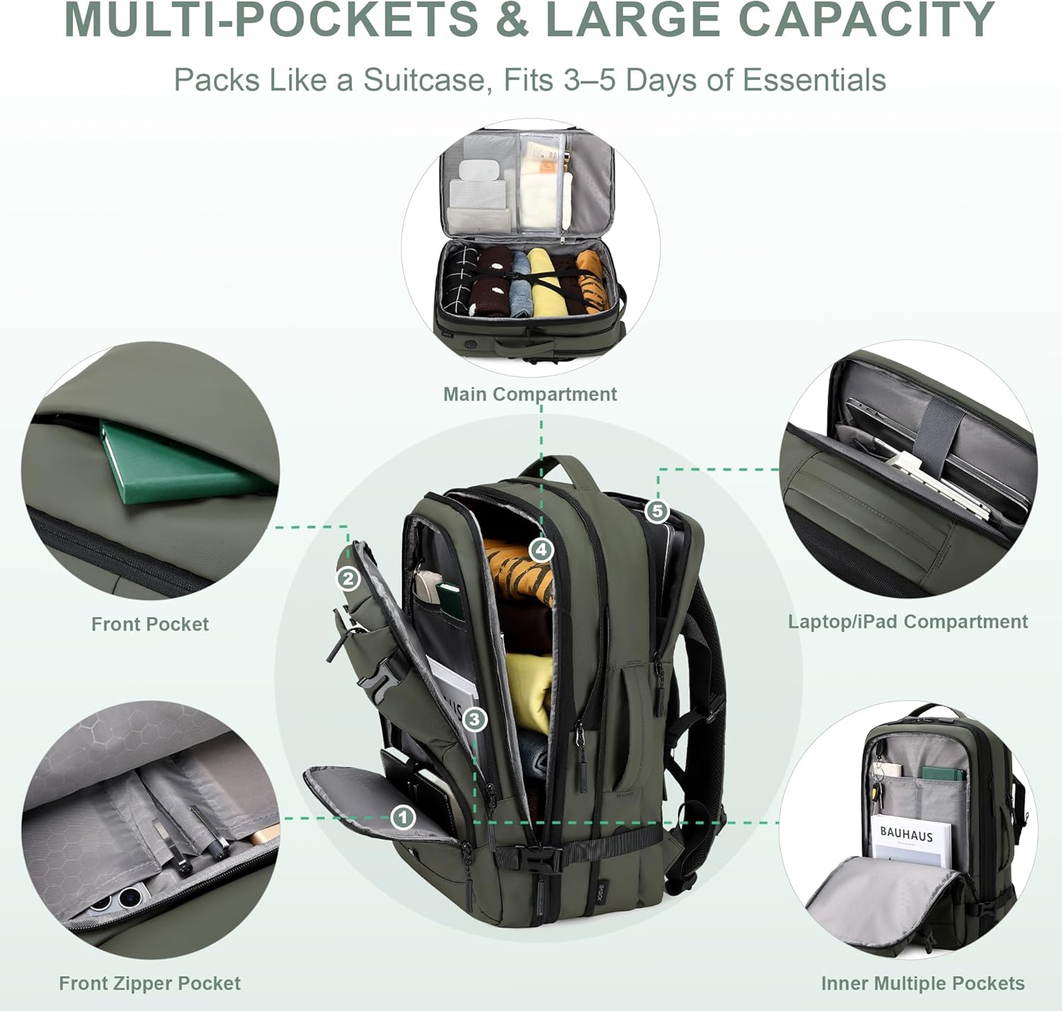 BAGOK Carry On Travel Backpack, 35L-40L Expandable Extra Large Airline Approved,Lightweight Daypack for Men and Women(Green) - Image 4