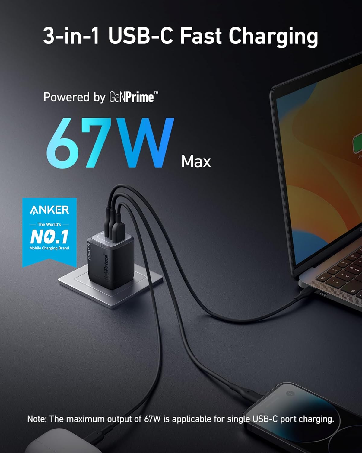 Anker USB Charger Block,67W GaN Wall Charger,3-Port Compact Fast Charging Phone Charger,For MacBook Pro/Air, Pixelbook, iPad Pro, iPhone 17/16/Pro, Galaxy S23/S22, Note20, Pixel, Apple Watch, and More - Image 2