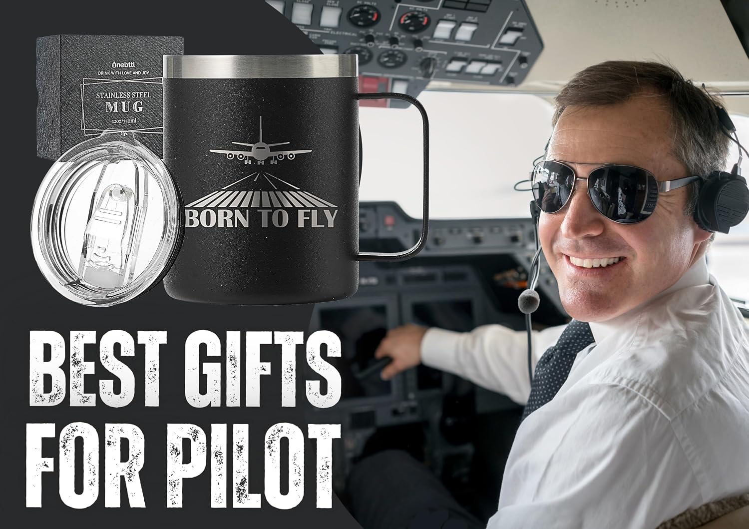 Onebttl Pilot Aviation Gift for Men - 12oz Stainless Steel Coffee Mug With Lid - Airplane Gift for Aviator, Christmas, Laser Logo, Born to Fly - Image 2