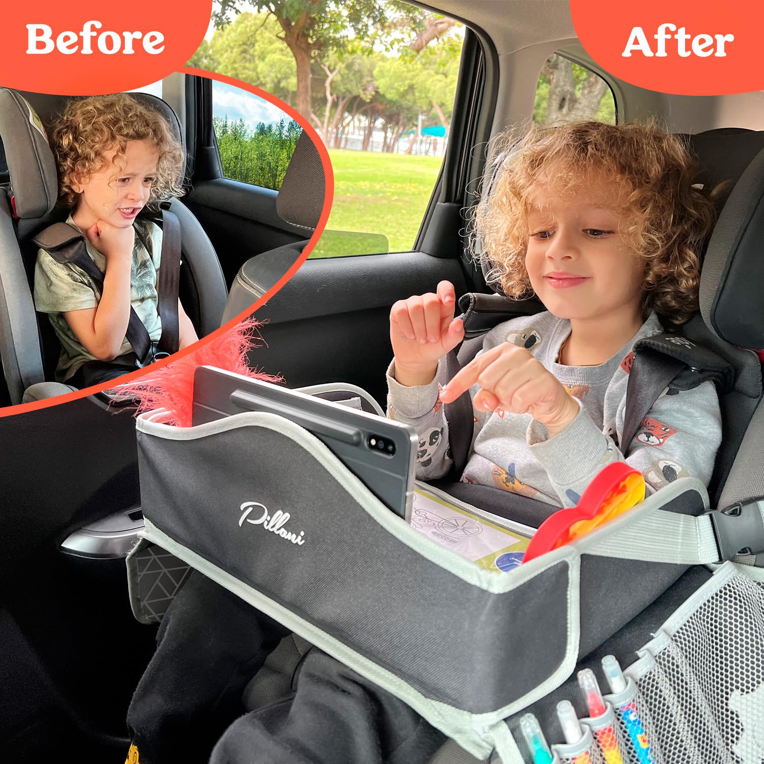 PILLANI Kids Travel Tray for Car - Car Seat Tray with Activity Sheets & Pens, Road Trip Essentials for Car & Airplane, Must Have Toddler Travel Lap Desk Accessories - Road Trip Activities for Kids - Image 3