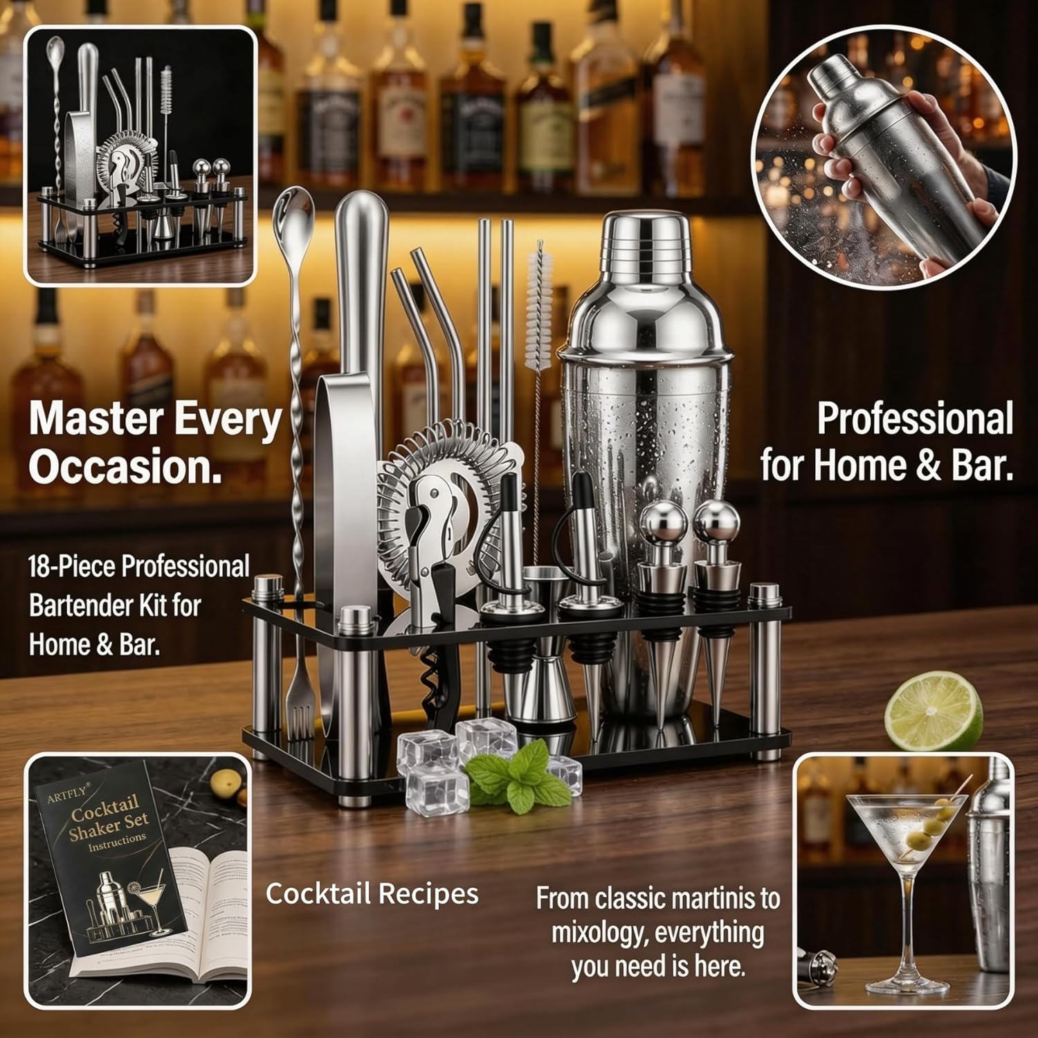 Cocktail Shaker Set, 18-Piece Bartender Kit with Acrylic Stand, 18/8 Stainless Steel Bar Set with Martini Shaker, Jigger, Muddler & Recipe Book for Home Bar - Image 5