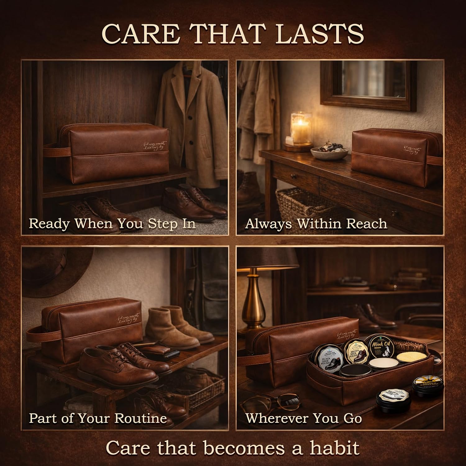 Shoe Care Kit – 16-in-1 Leather Shoe Polish, Cleaning & Conditioning Kit with Saddle Soap & Mink Oil – Black/Brown/Neutral Shoe Polish, 3 Horsehair Brushes – Premium Storage Bag – Gift for Men & Women - Image 5