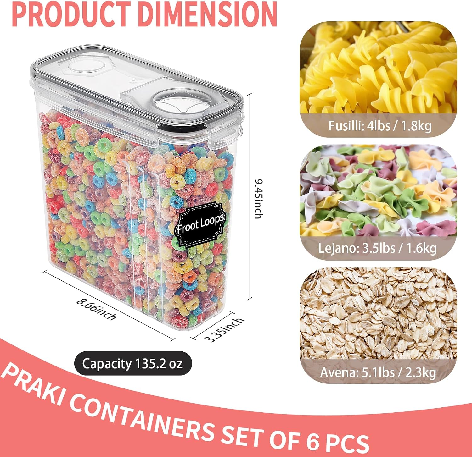 PRAKI Large Dry Food Storage Containers with Lids, 6PCS Airtight Cereal Containers Storage Set, Leak-proof Canister Set for Kitchen Pantry Organization with 20 Labels & Marker (4L Black) - Image 2