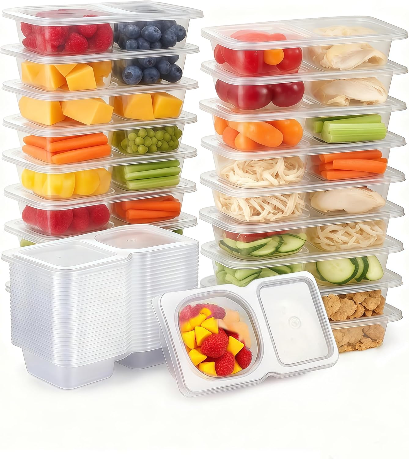 Pure Future 20-Pack Reusable Snack Containers with Lids, 2-Compartment Snackle Box Container for Meal Prep, Portion Control Snack Pack for Office, Travel & Gym, Microwave Safe (40 Pcs)