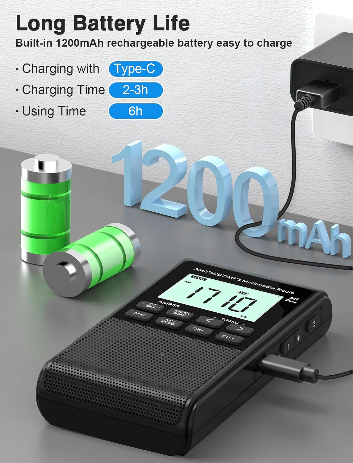Portable AM FM Radio with Bluetooth Earphone Output & Bluetooth Speaker Mode,1200mAh Rechargeable Radio with Best Reception,5W Big Speaker,LCD Screen,Earphone Jack,Support SD Card and USB for Jogging - Image 6