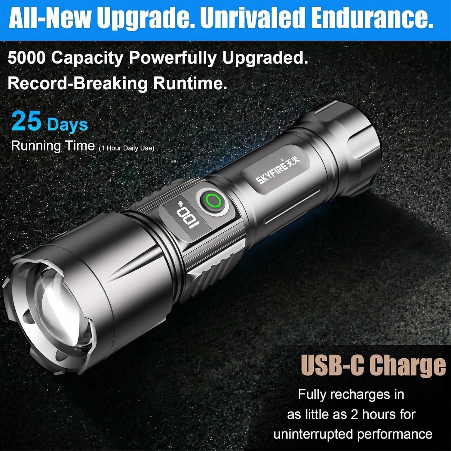 SKYFIRE LED Flashlight 3000lm High Lumens Rechargeable Tactical Flashlight, Ignition Lens & 3 Color Lens, 5 Modes Zoomable Waterproof Flashlight for Camping, Emergency & EDC-Upgraded - Image 4