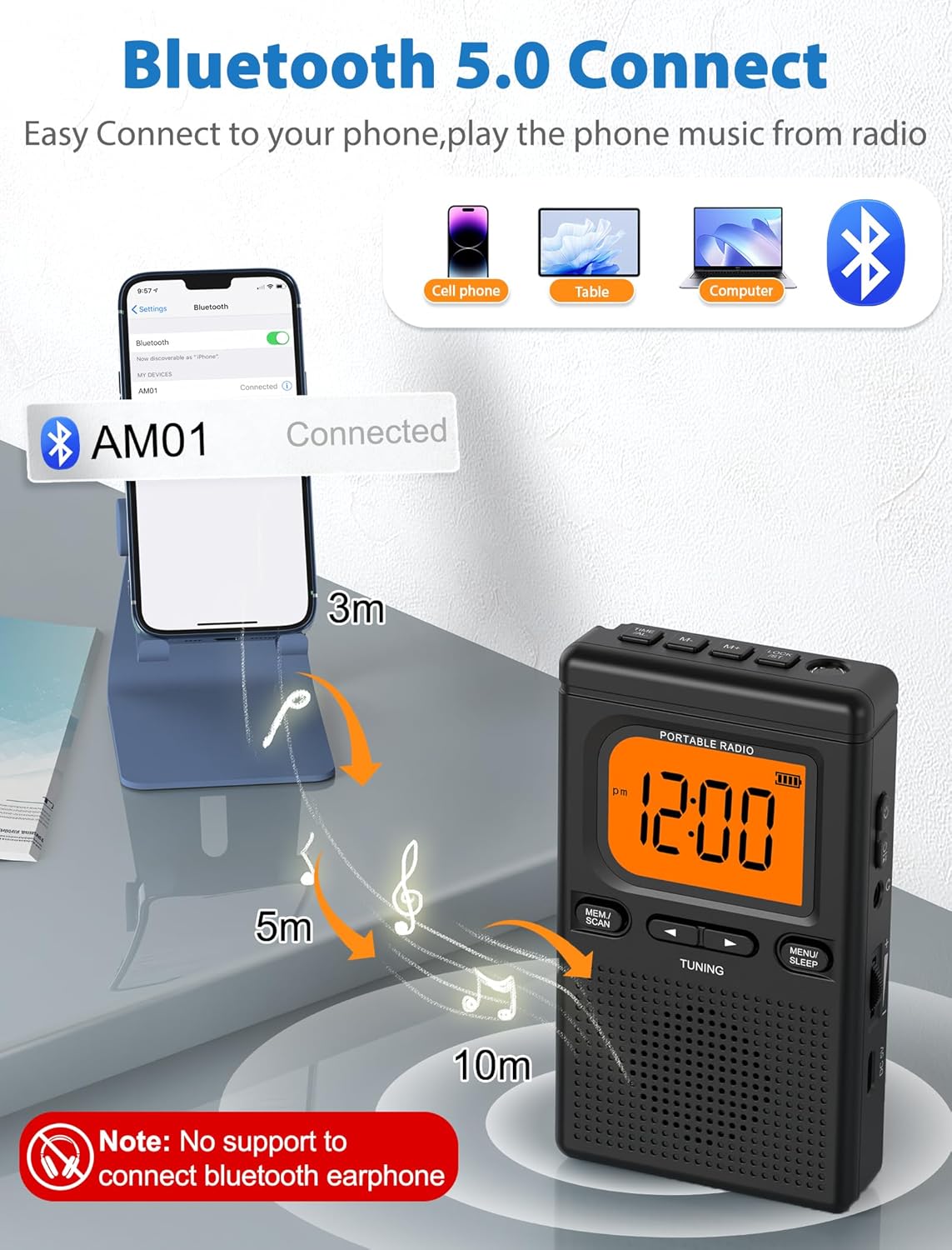 2000mAh Rechargeable AM FM Radio with Bluetooth Portable Transistor Pocket Radio with Best Reception Digital Tuning, Flashlight,LCD Screen,Earphone Jack, Sleep Timer and Alarm Clock for Jogging - Image 4