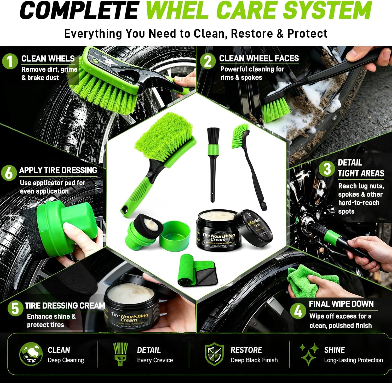 Wheel Brush, Tire Brush, Wheel Cleaner Brush Set - Tire Cleaning Kit with Tire Brush, Wheel Detail Brush, Tire Shine Applicator, Tire Dressing Cream, Microfiber Towel & Storage Bag | Not Just a Brush — A Complete Tire & Wheel Care System - Image 7