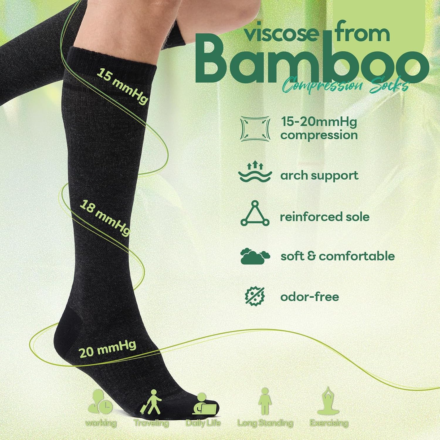 Compression Socks Women & Men, 15-20 mmHg Bamboo Viscose Knee High Soft Support for Flying Travel Daily - Image 5