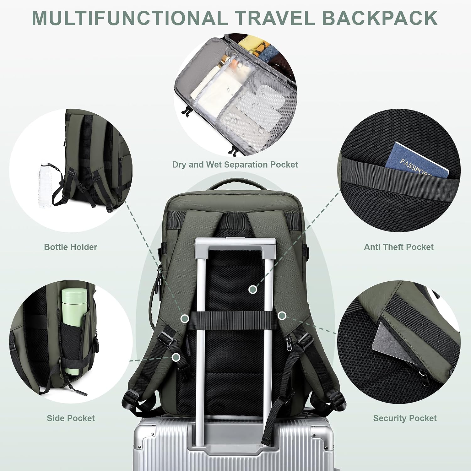 BAGOK Carry On Travel Backpack, 35L-40L Expandable Extra Large Airline Approved,Lightweight Daypack for Men and Women(Green) - Image 5