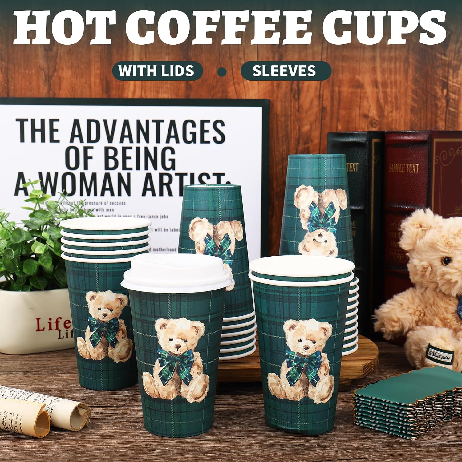 Whaline 50 Sets Tartan Bear Coffee Cups with Lids Sleeves 16 oz We Can Bearly Wait Party Cup Vintage Green Blue Plaids Disposable To Go Cups for Baby Shower Birthday Beverage Hot Chocolate - Image 3