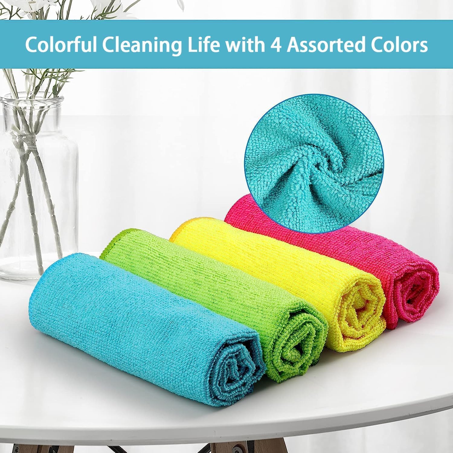 HOMEXCEL Microfiber Cleaning Cloth 210GSM, Pack of 12, Size:11.5" x 11.5", Ultra-Soft, High-Density Non-Abrasive Cleaning Towels for Cars, Glass, Kitchen, Reusable Rags, Blue/Green/Yellow/Pink - Image 3