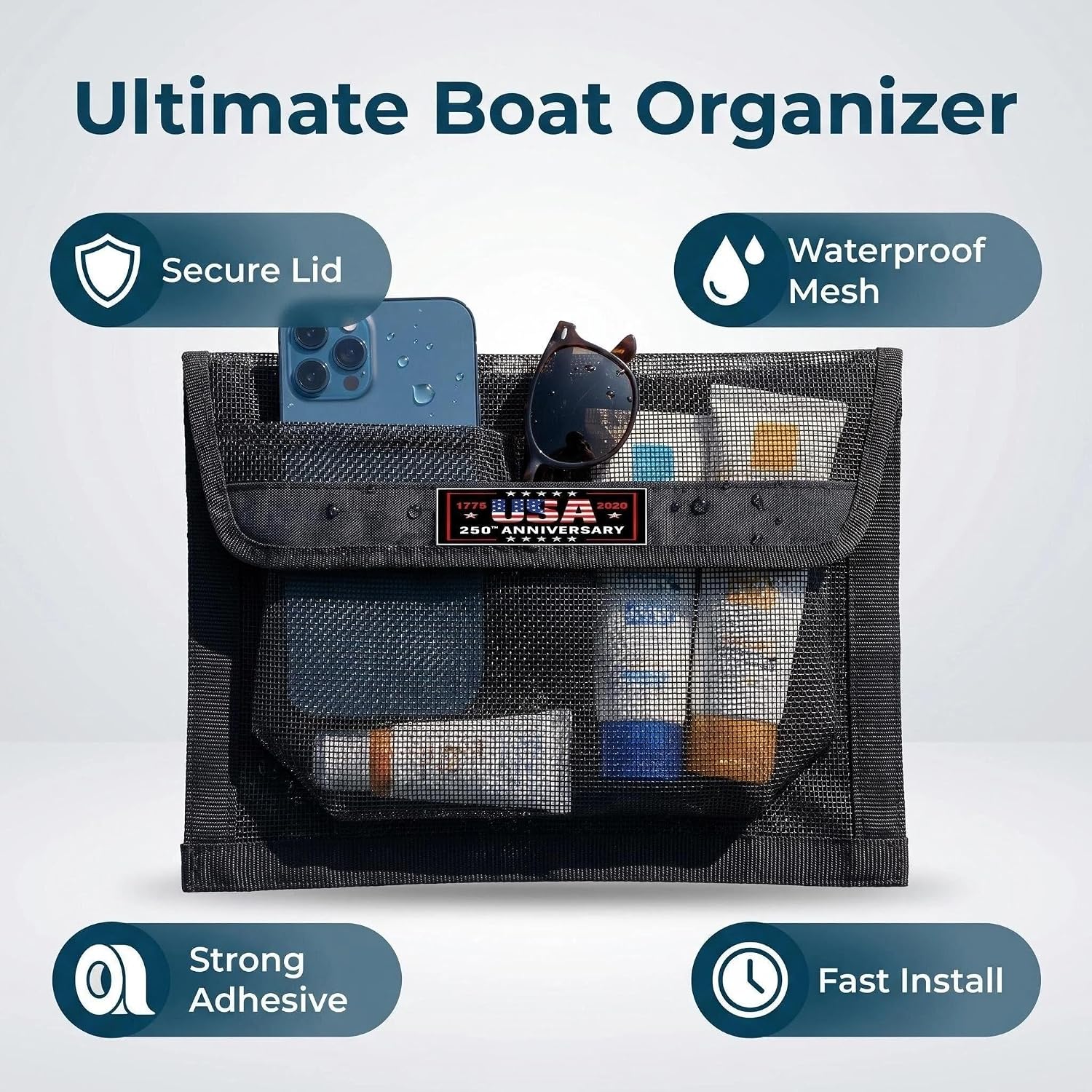 Boat Storage Bag with Full-Enclosure Lid, 13.7" x 9.8" Boat Organizer Mesh Bag, Waterproof Leak-Proof Design with Removable Adhesive Backing, Marine Storage for Pontoon Boat, Tackle, Tools, Gear - Image 2