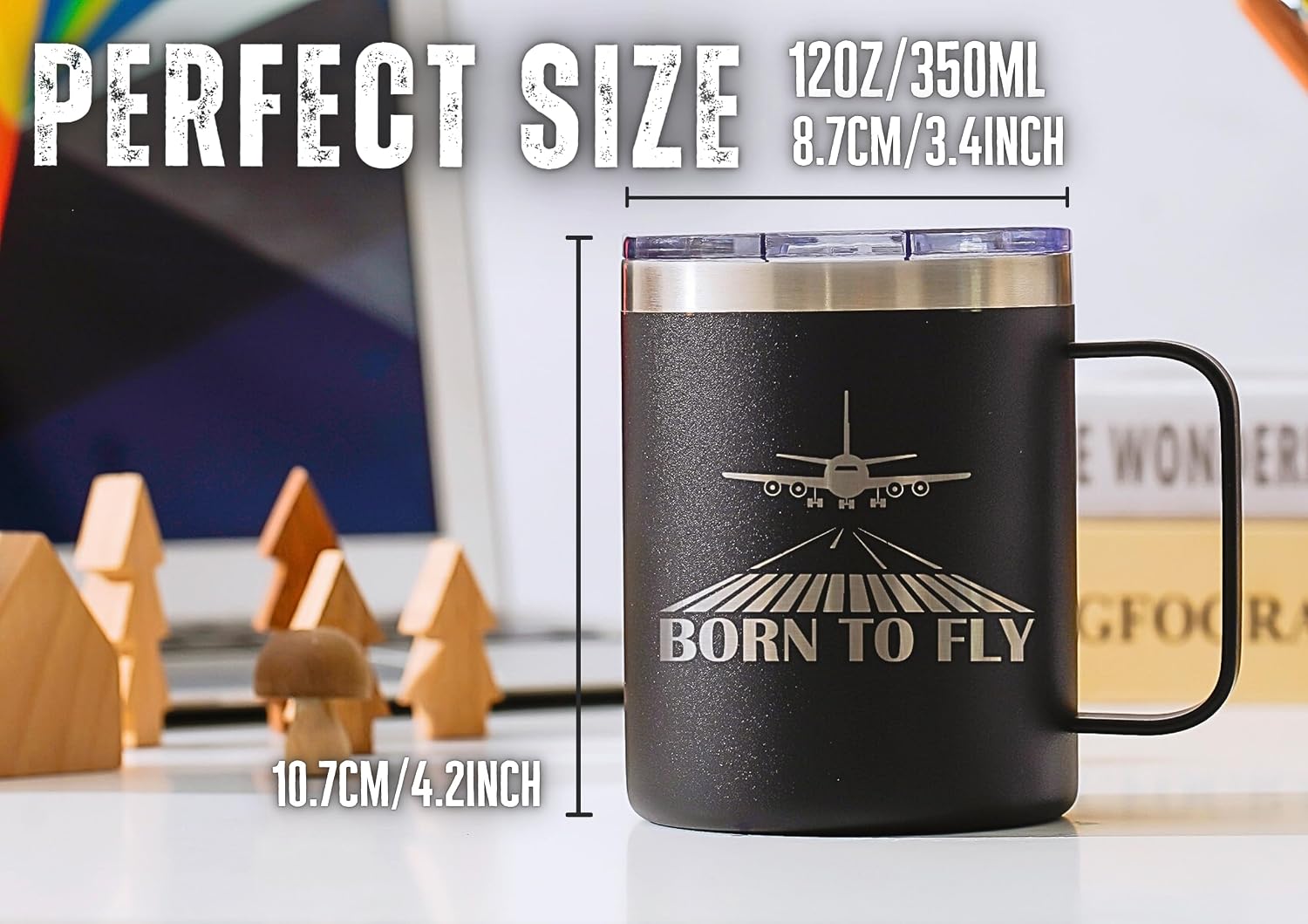 Onebttl Pilot Aviation Gift for Men - 12oz Stainless Steel Coffee Mug With Lid - Airplane Gift for Aviator, Christmas, Laser Logo, Born to Fly - Image 5