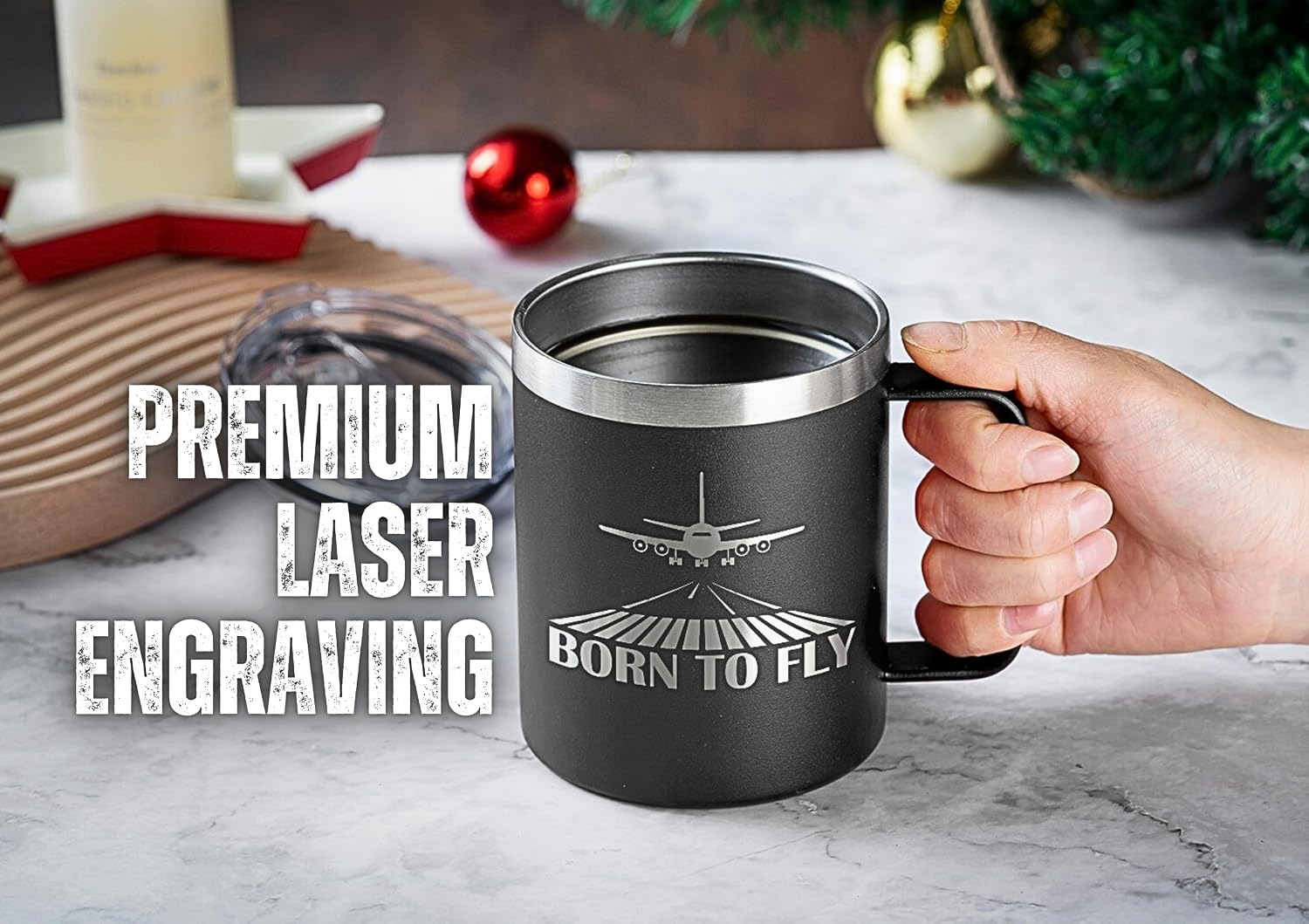 Onebttl Pilot Aviation Gift for Men - 12oz Stainless Steel Coffee Mug With Lid - Airplane Gift for Aviator, Christmas, Laser Logo, Born to Fly - Image 3