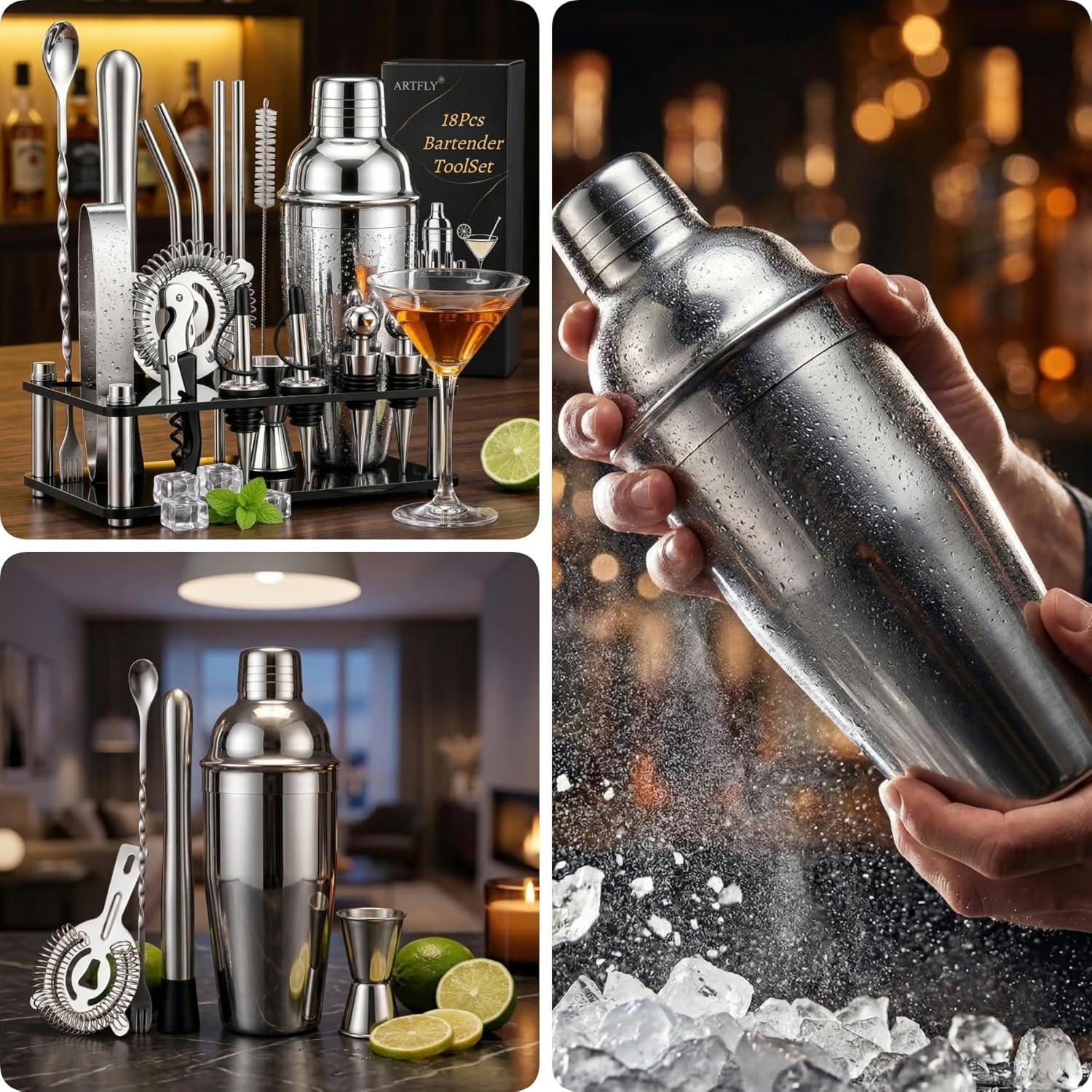 Cocktail Shaker Set, 18-Piece Bartender Kit with Acrylic Stand, 18/8 Stainless Steel Bar Set with Martini Shaker, Jigger, Muddler & Recipe Book for Home Bar - Image 4