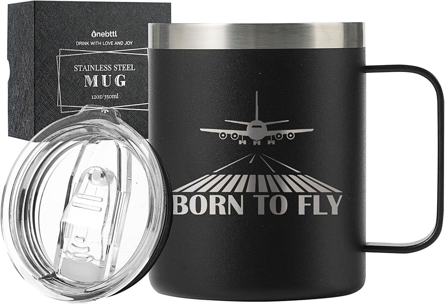 Onebttl Pilot Aviation Gift for Men - 12oz Stainless Steel Coffee Mug With Lid - Airplane Gift for Aviator, Christmas, Laser Logo, Born to Fly