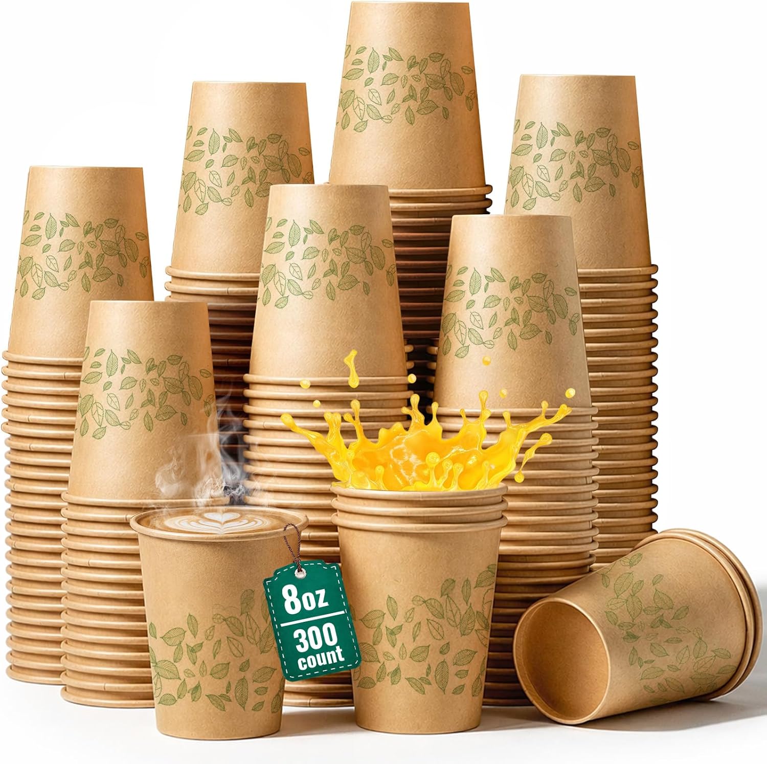 8oz 300Count Compostable Paper Cups, Plant-Based Disposable Coffee Cups with PLA Lining, Perfect for Hot & Cold Drinks, Coffee, Party, Office & Daily Use