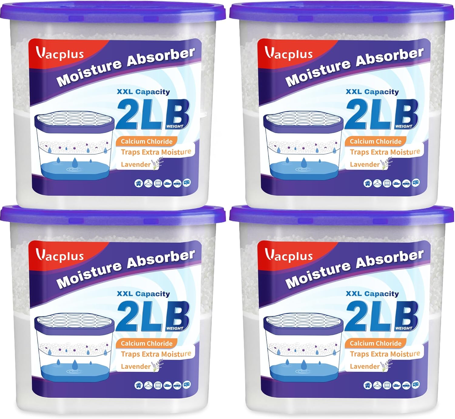Vacplus Moisture Absorber Buckets – Large Capacity Dehumidifier and Humidity Absorber for Closet, Basement, Bathroom, RV, and Storage Areas, Lavender, 2 lbs, 4 Pack