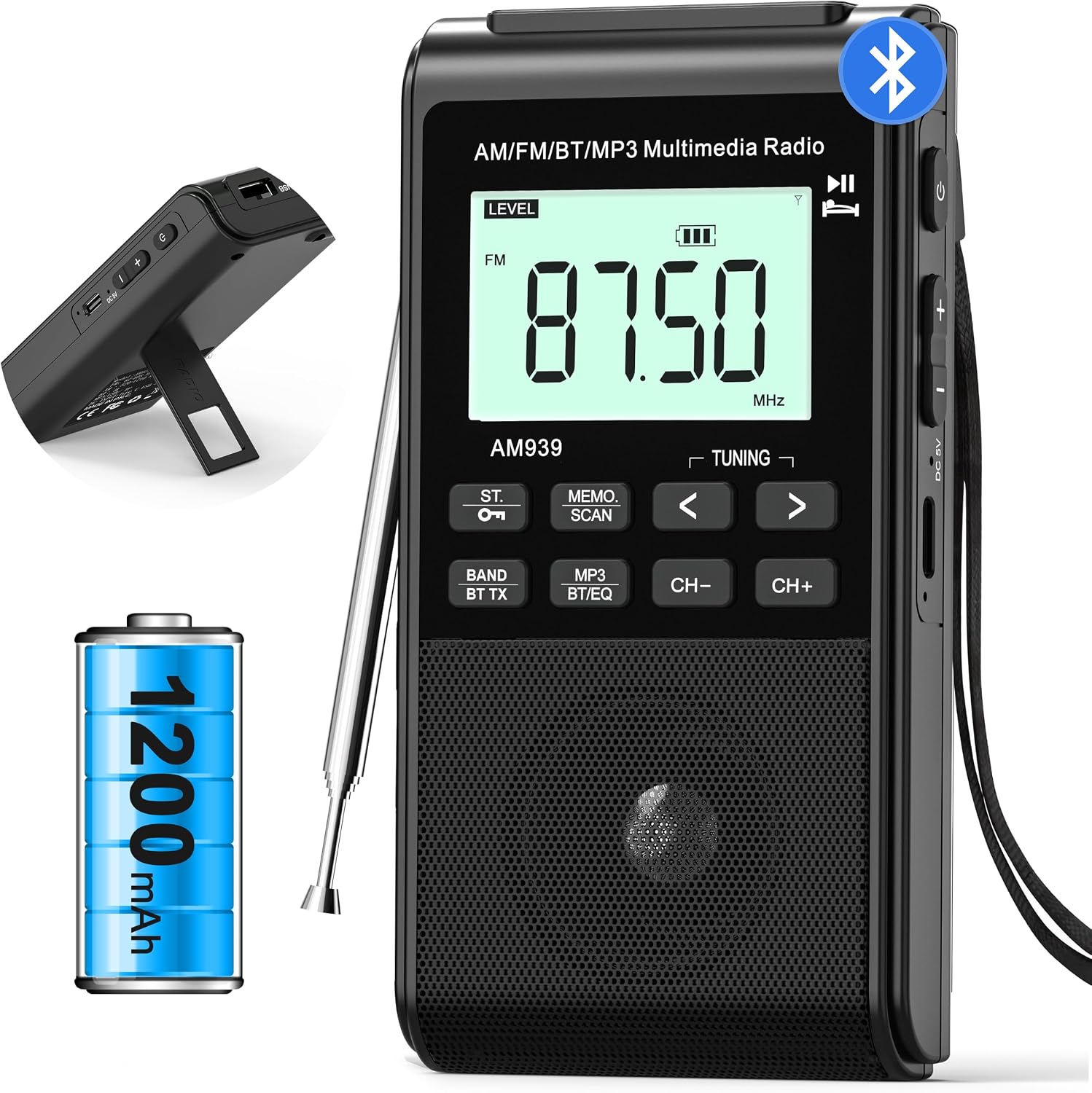 Portable AM FM Radio with Bluetooth Earphone Output & Bluetooth Speaker Mode,1200mAh Rechargeable Radio with Best Reception,5W Big Speaker,LCD Screen,Earphone Jack,Support SD Card and USB for Jogging