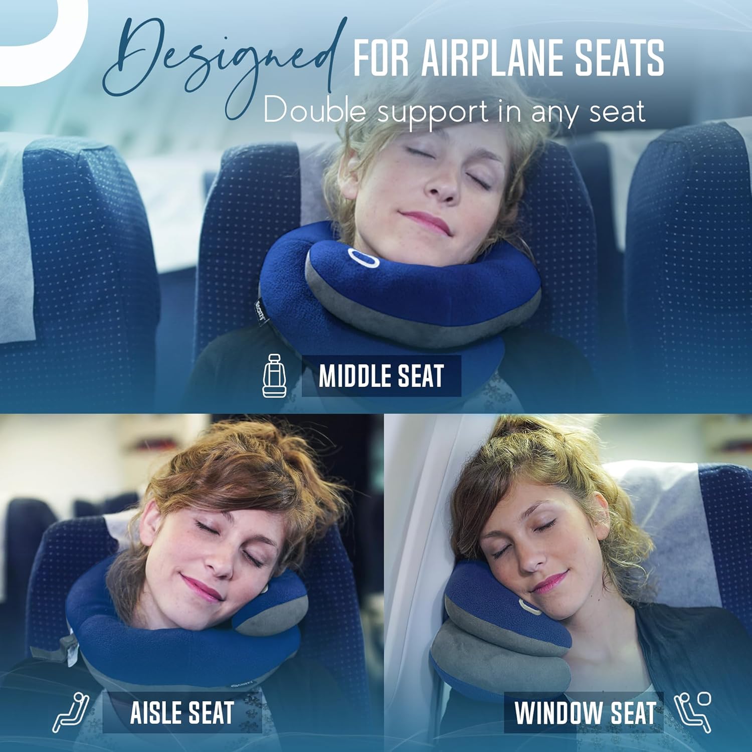 BCOZZY Travel Neck Pillow for Airplane – Patented Double Support for Head, Neck, and Chin. Best for Long Flights, Plane Sleeping, and Car Rides. Adjustable Size. Fully Washable. Carry Bag. Large, Navy - Image 3