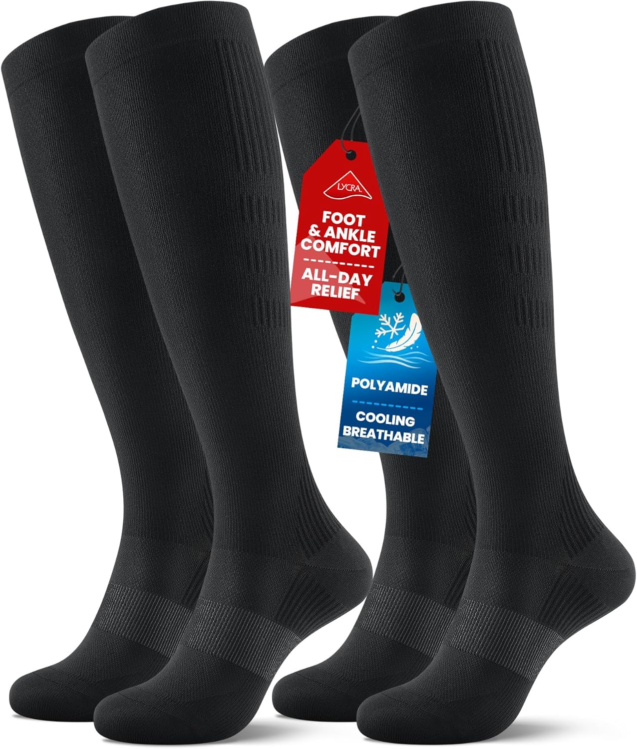 PULIOU Cooling Compression Socks for Women Men, 20-30 mmHg Circulation Knee High for Travel, Flying, Running, 2 Pairs