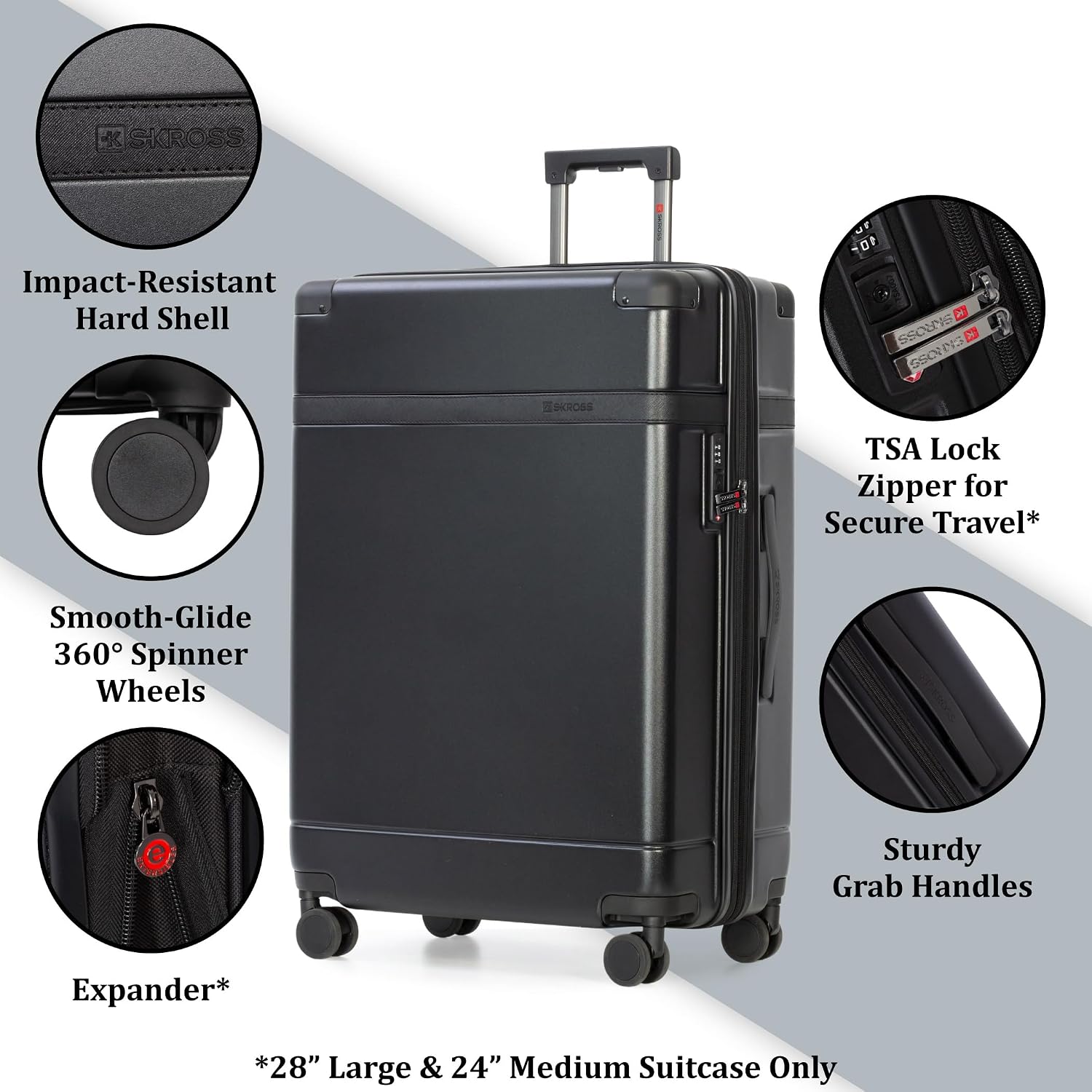 SKROSS Apex 3 Piece Hardside Luggage Set: 28 Inch Large Suitcase, 24 Inch Medium Checked Travel Luggage & 20 Inch Carry On Luggage. Hardshell Suitcases with Spinner Wheels (Black) - Image 4