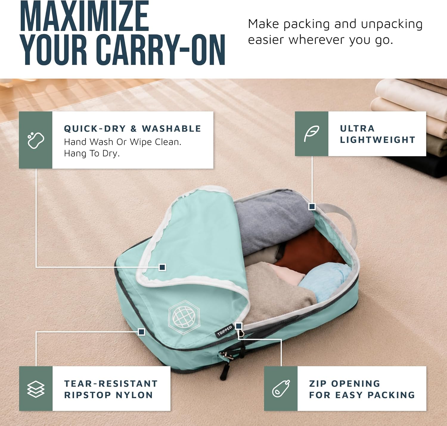 Compression Packing Cubes for Travel, 6-Piece Lightweight Packing Cubes Set for Carry-On Luggage & Backpacks – TRIPPED Travel Gear (Dusty Teal/White) - Image 3